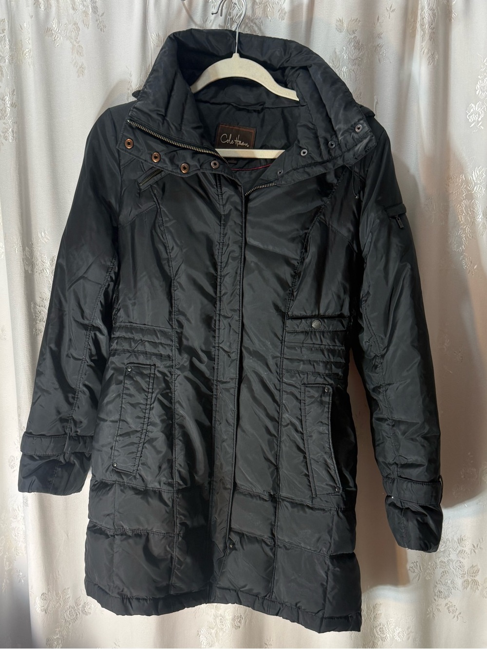 Cole Haan Black Quilted Jacket with Gold-Tone Hardware and Detachable Hood